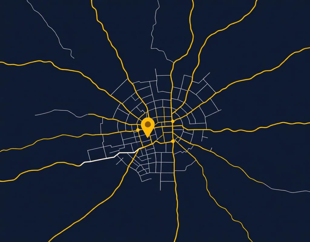 Stylized map of Austin with primary roads radiating from downtown, 78745 highlighted