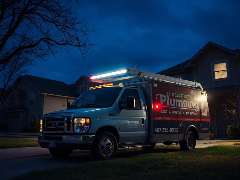 A plumbing service truck with bright work lights at night signaling 24-hour emergency response